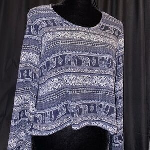 See You Monday Elephant Print Navy and White Long Sleeve Top
